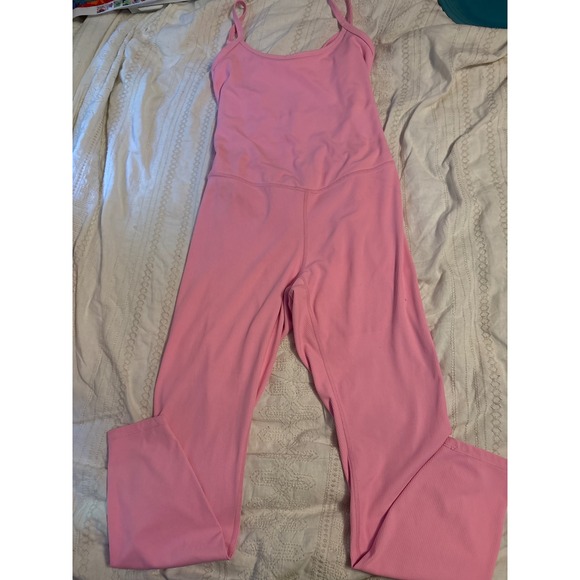 All in Motion Ribbed Bubblegum Pink Twisted Open Back Activewear Jumpsuit L - Picture 1 of 5